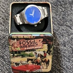 Fossil Silver Band Watch with Vibrant Blue Face